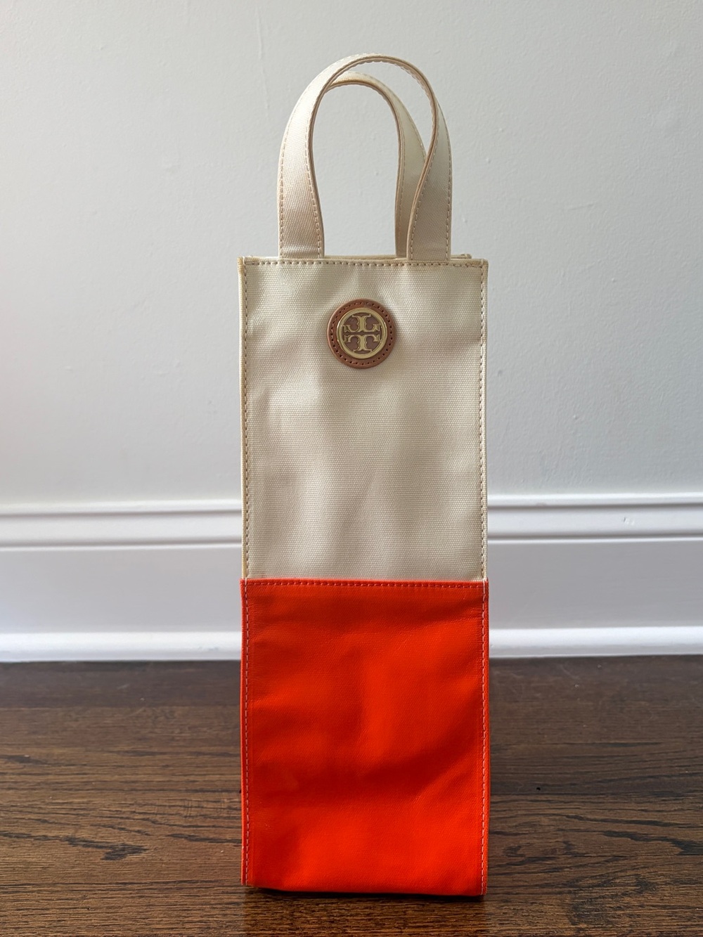 Tory Burch Two-Tone Cream and Orange Slim wine Tote with gold accents - Picture 2 of 7